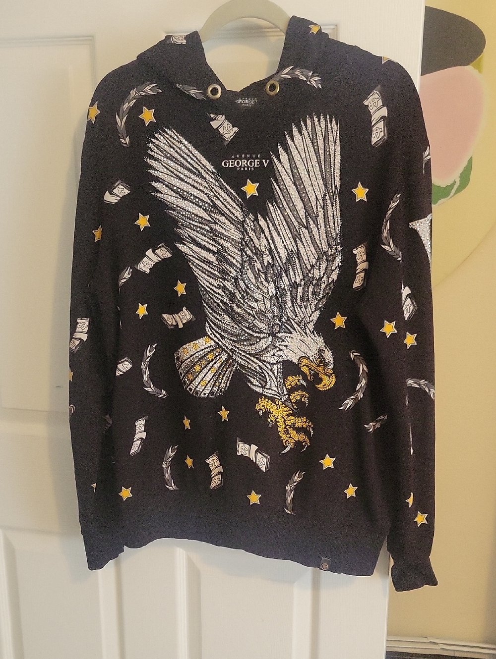 Avenue George V Paris SzXL Black Cotton Hoodie White Bling Eagle and Gold Stars